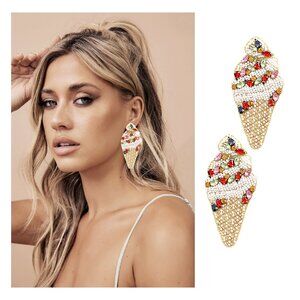 Large Beaded Crystal Accent Ice Cream Cone Summer Vibe Statement Earrings NEW
